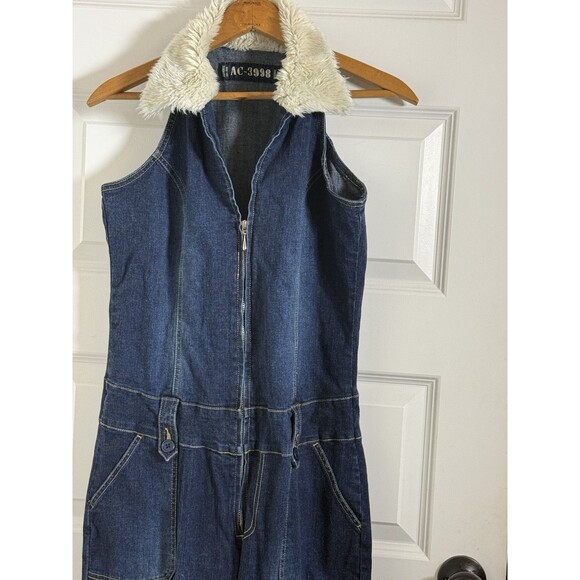 VTG AC-3998 Denim Jumpsuit Womens L Sherpa Collar Dark Wash Bootcut Y2K Festival - Picture 4 of 14